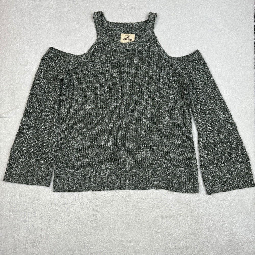 Hollister Womens Cold Shoulder‎ Distressed Knit Sweater Marled Green Large